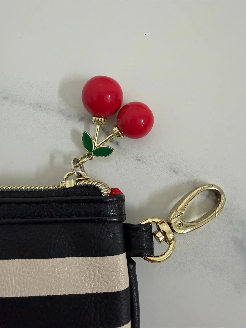 Betsey Johnson Black & Cream Striped Card Holder with Cherry Charm